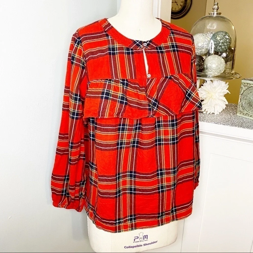 J. Crew Plaid Ruffled Top in Festival Red Small - Picture 7 of 12